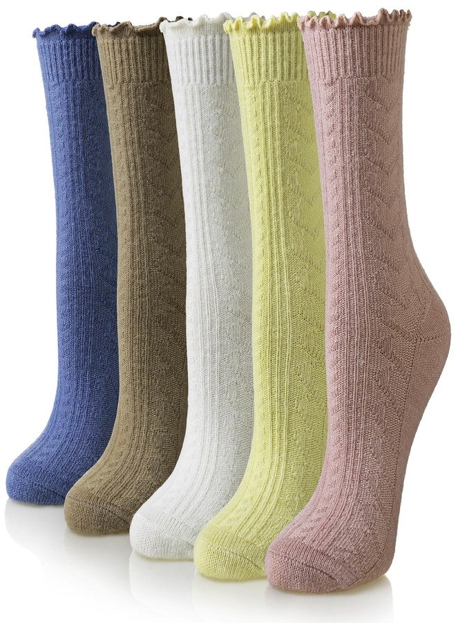 Eyean Womens Merino Wool Ruffle Socks Knit Warm Boot Winter Cozy Thermal Hiking Dress Crew Frilly Socks 5 Pairs (Pink Yellow Blue) - Image 1